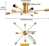 Gold ceiling light fixture with measurements on a white background